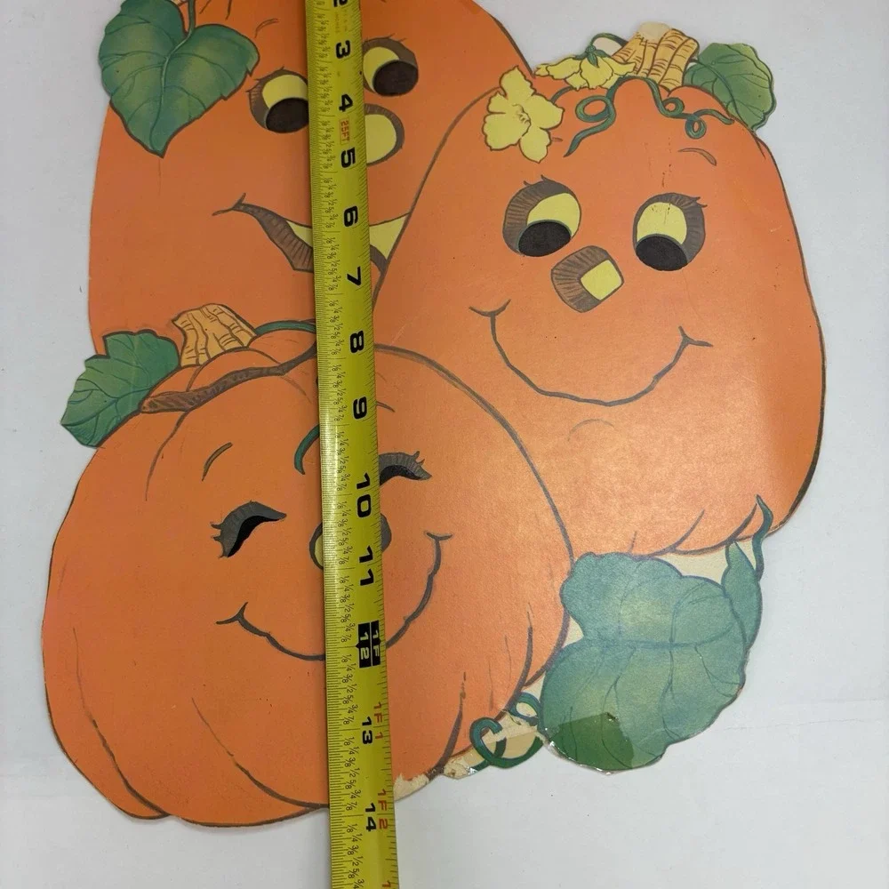 Vintage Flocked Halloween Decorations Pumpkins (2) 1980s Diecut
